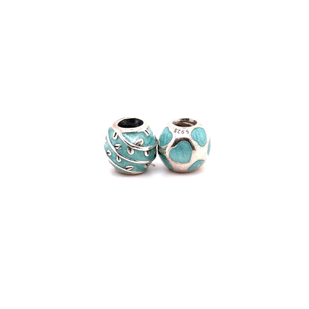 Pandora Sterling Silver Teal Enamel Heart and Vine Charm Set 2pc S925 ALE